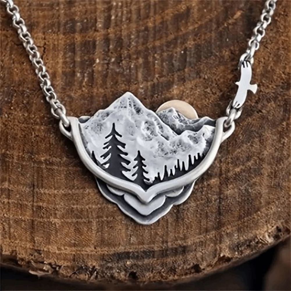 Silver Mountain Valley Pines Moon Sunset Boho Landscape Scalloped Necklace